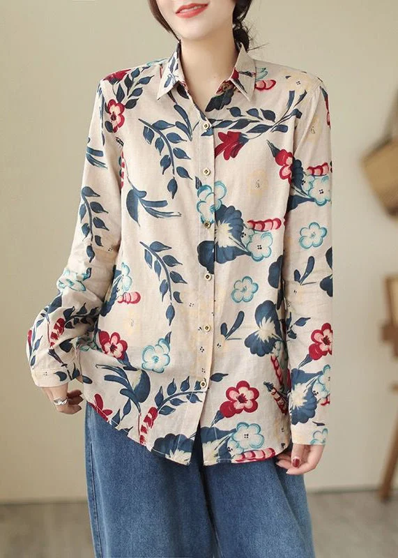 Loose Peter Pan Collar Button Print Cotton Shirt Long Sleeve