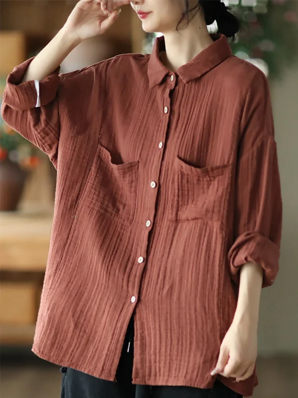 Women Spring Casual Pocket Button Cotton Shirt