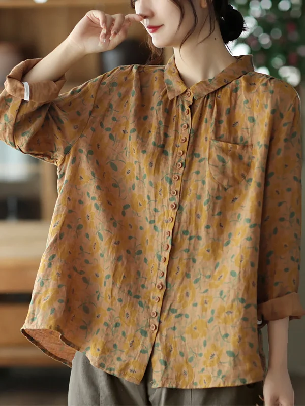 Vintage Printed Linen Shirt Turn-down Collar Top