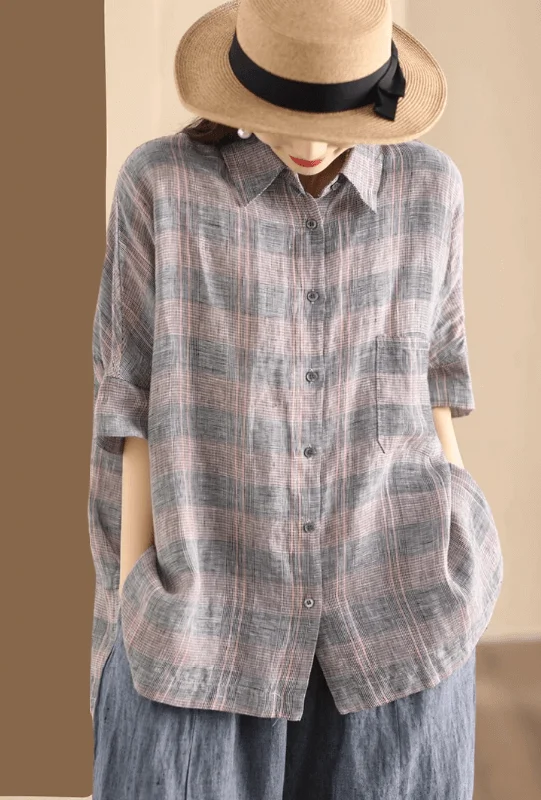 Pink Gray Plaid Heritage Linen Premium Blouse