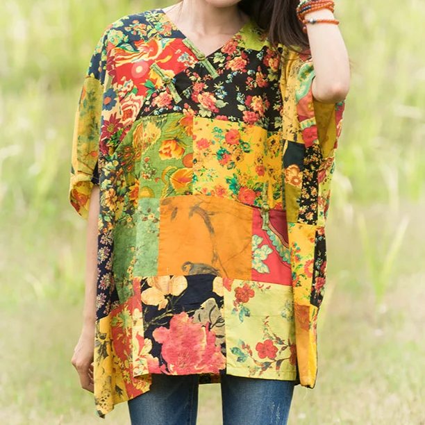 Yellow Summer Floral Printed Cotton Linen Tops Half Sleeve