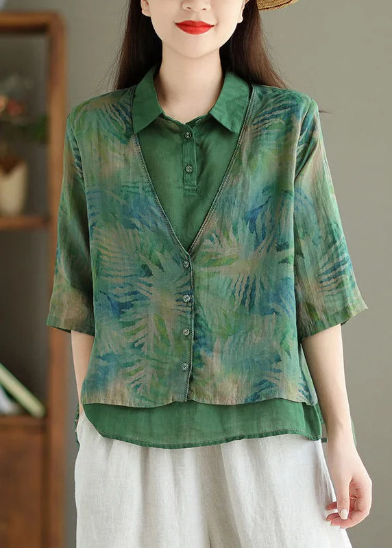 Chic Green Print False Two Pieces Linen Shirt Half Sleeve