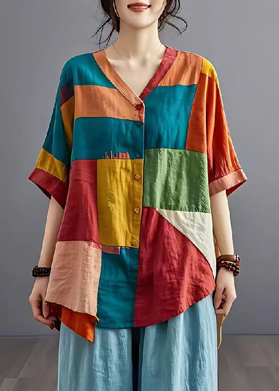 Chic Colorblock Asymmetrical Patchwork Applique Linen Shirt Top Summer