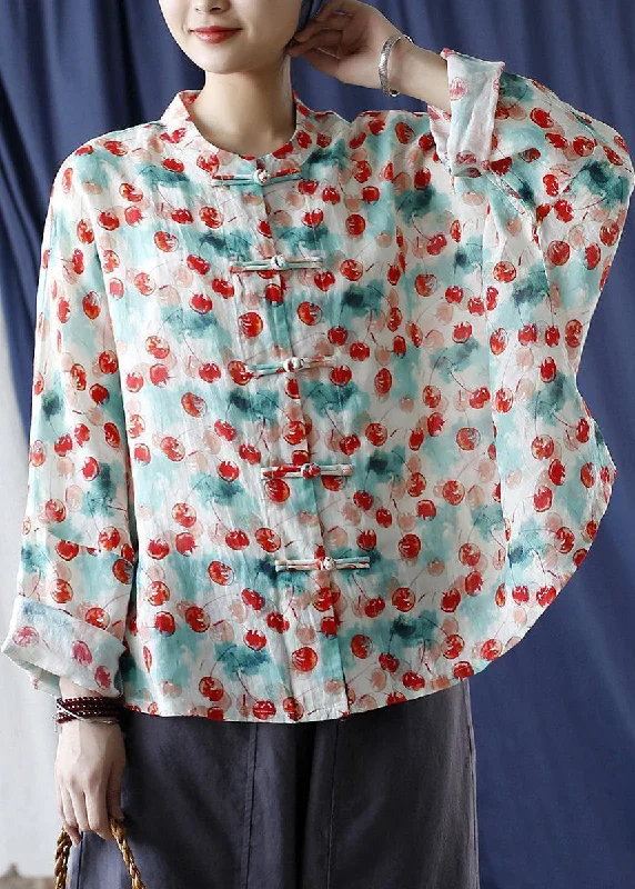 Loose Stand Collar Print Button Linen Blouse Long Sleeve