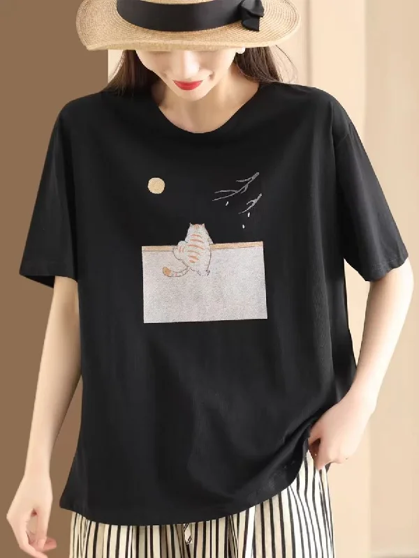 Black Cat Casual Print Loose Cotton Shirt