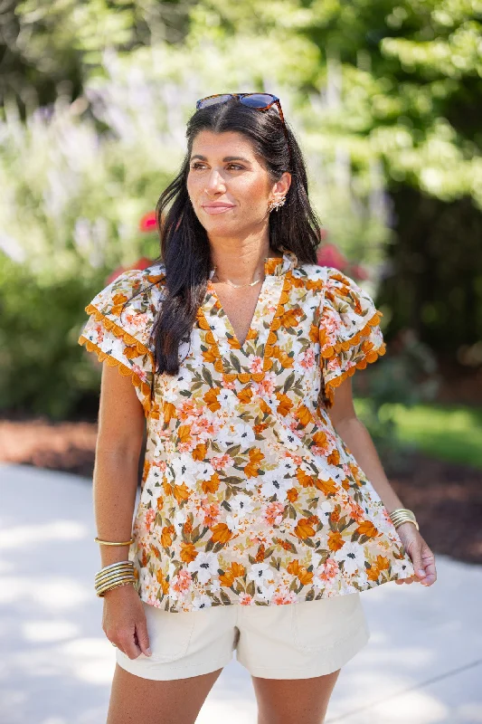 Sweet Persimmon Taupe Floral Top