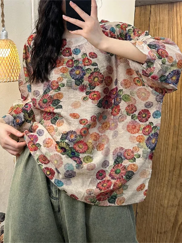 Summer Casual Flower Loose Shirt Batwing Sleeve