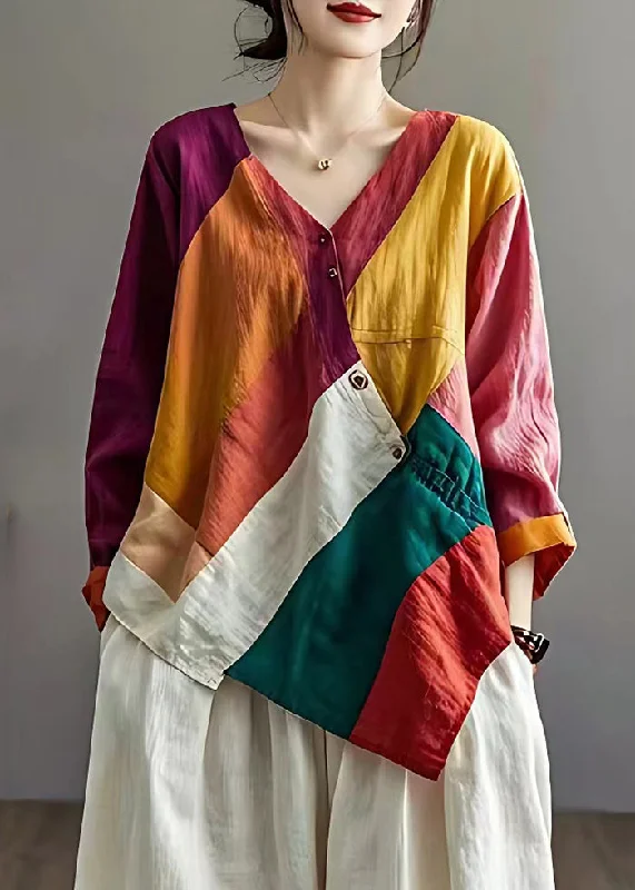 Colorblock Patchwork Linen Loose Blouses Asymmetrical Summer