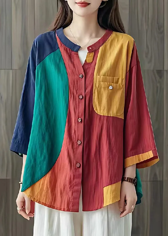 Art Colorblock Oversized Patchwork Linen Shirt Summer