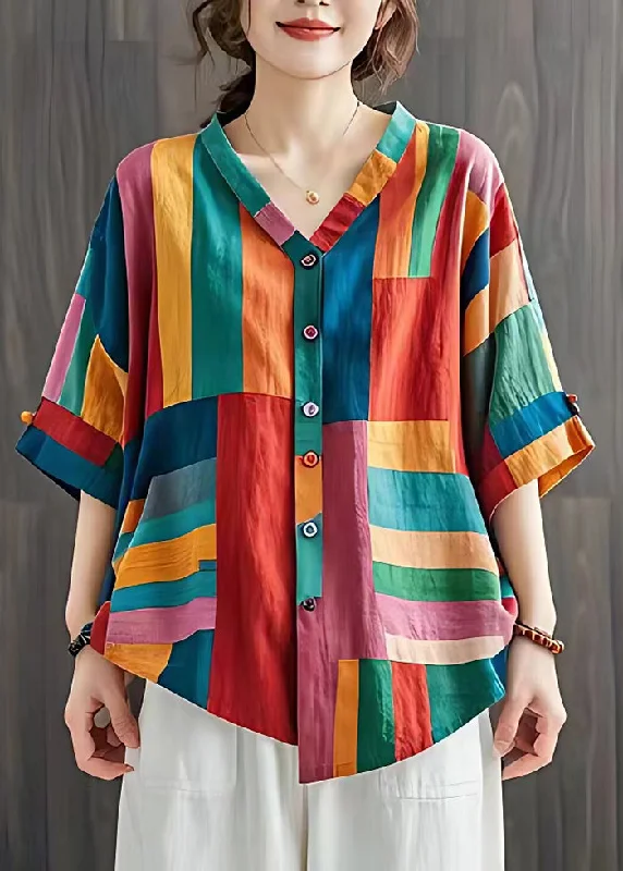 Boho Colorblock V Neck Striped Linen Blouse Top Summer