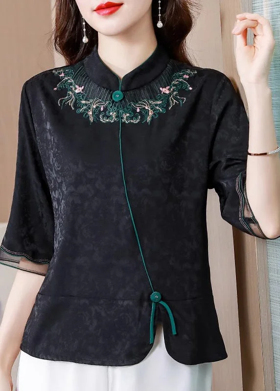 Vintage Black Stand Collar Embroidered Silk Blouse Top Summer