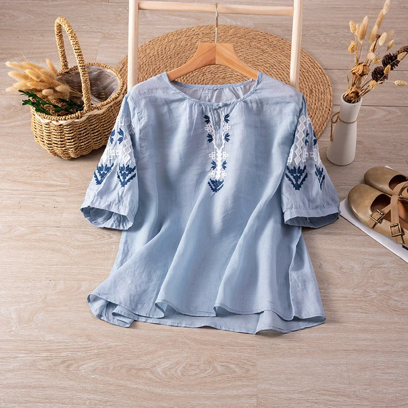 Casual Summer  Linen Embroidery Shirt Short Sleeve