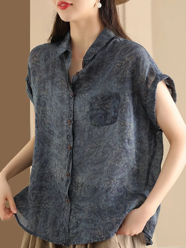 Casual Retro Flower Button-up Ramie Shirt Short Sleeve