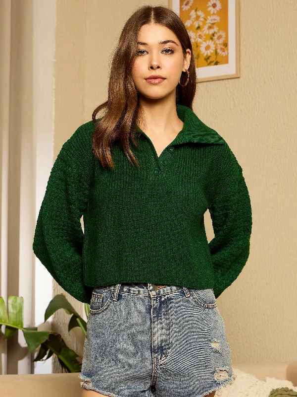 Berrylush Women Green Solid Mock Collar Full Sleeve Knitted Crop Pullover