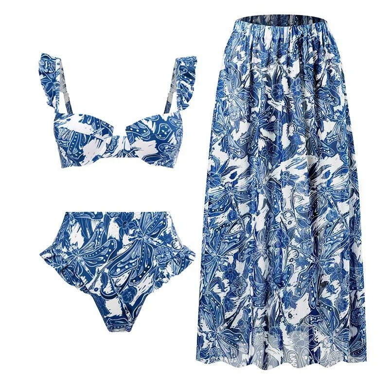 Blue Floral Print Retro Style Bikini Two Piece Swim Suit With Swing Skirt By Sinderella