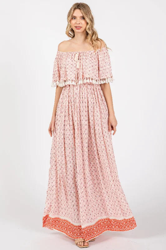 Peach Tile Off Shoulder Tassel Edge Maxi Dress