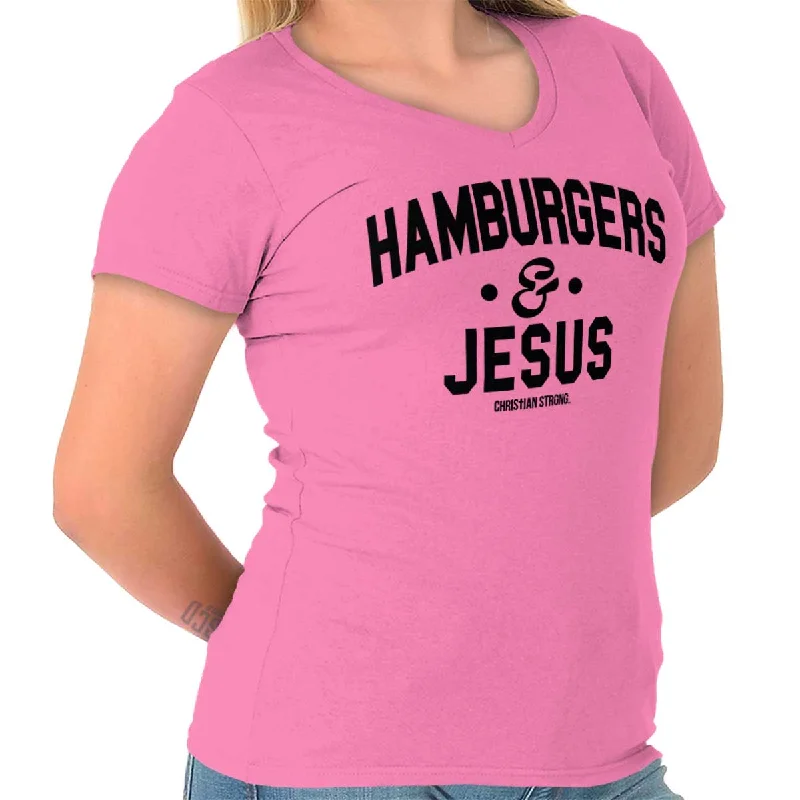 Hamburgers & Jesus Junior Fit V-Neck T-Shirt