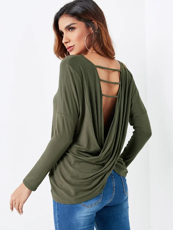 Custom Round Neck Crossed Collar Plain Backless Criss-Cross Twist Long Sleeve Irregular Hem Army Green Top