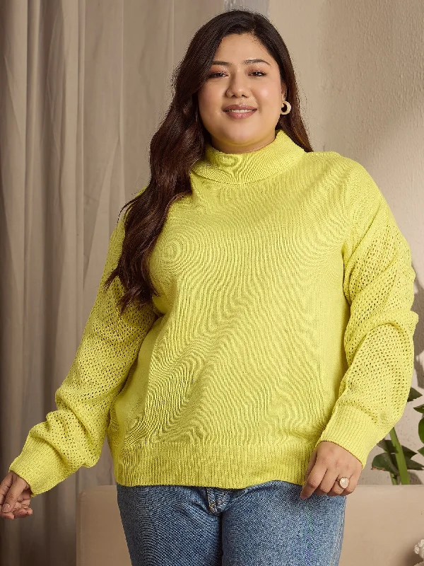 Berrylush Curve Women Solid Bright Yellow Turtle Neck Drop-Shoulder Sleeves Acrylic Ribbed Hem Knitted Regular Sweater