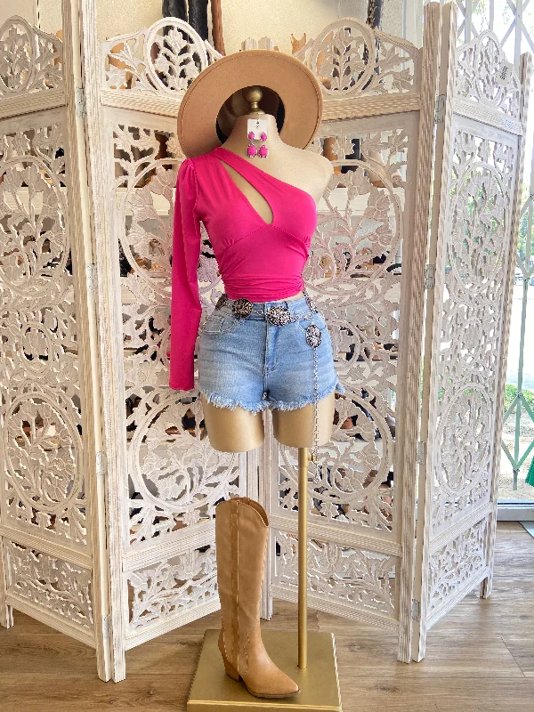 Hot Pink One Sleeve Cutout Top