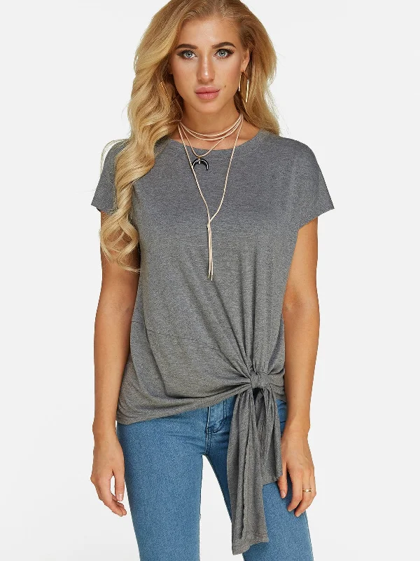 Custom Round Neck Plain Lace-Up Pleated Short Sleeve Irregular Hem Grey T-Shirts