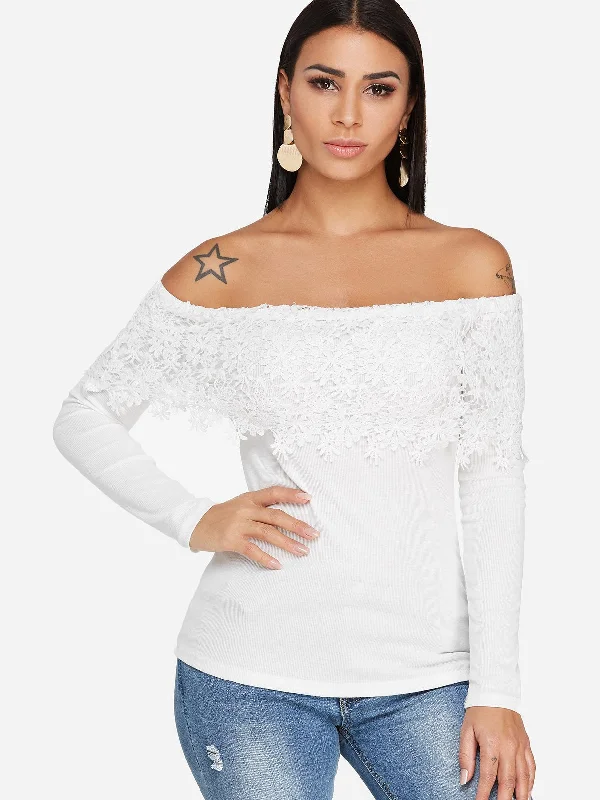 OEM ODM Off The Shoulder Plain Lace Long Sleeve White T-Shirts