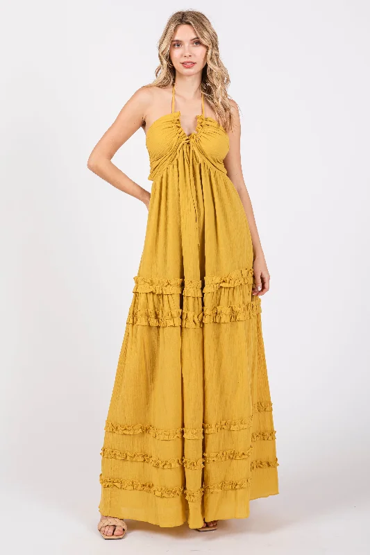 Yellow Ruffle Ruched Deep V-Neck Maxi Dress