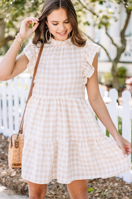 Best Day Ever Taupe Brown Gingham Babydoll Dress