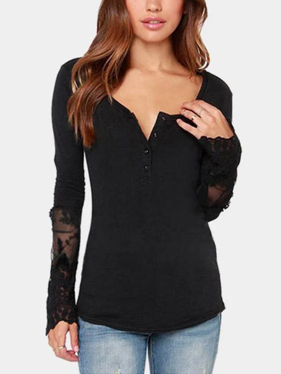 Custom Round Neck Lace Long Sleeve Black Top