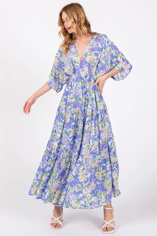 Blue Floral Dolman Sleeve Tiered Maxi Dress