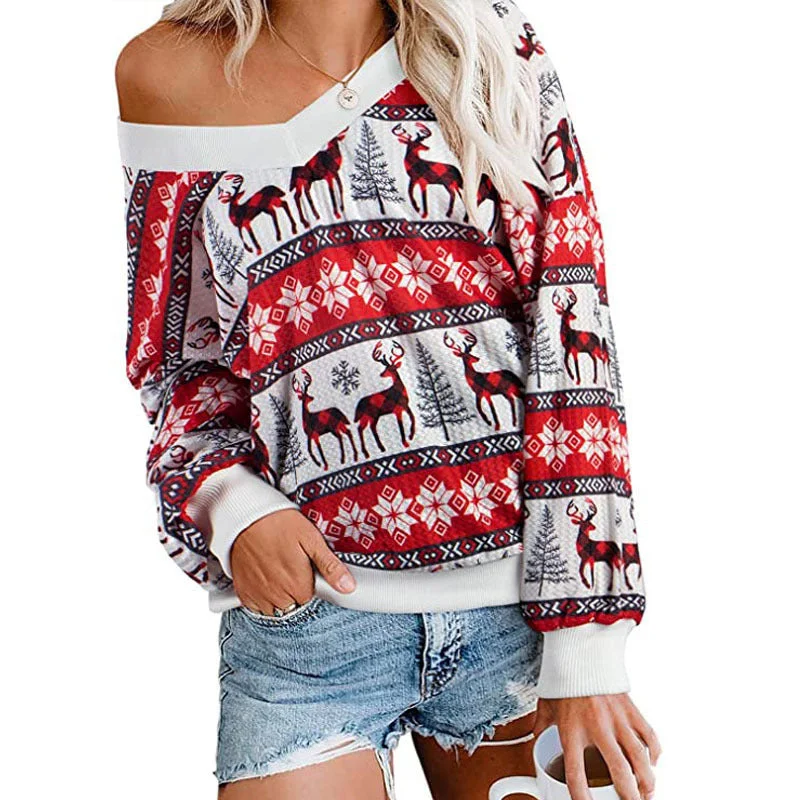 V Neck Long Sleeve Christmas T-Shirt Wholesale Womens Tops