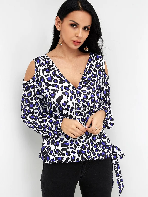 Custom V-Neck Cold Shoulder Leopard Crossed Front Self-Tie Long Sleeve Top