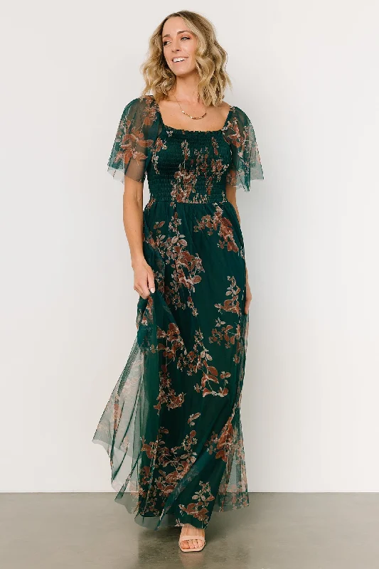 Cassandra Tulle Maxi Dress | Green + Bronze Floral