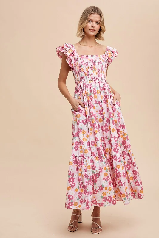 Pink Floral Smocked Ruffle Sleeve Maxi Dress