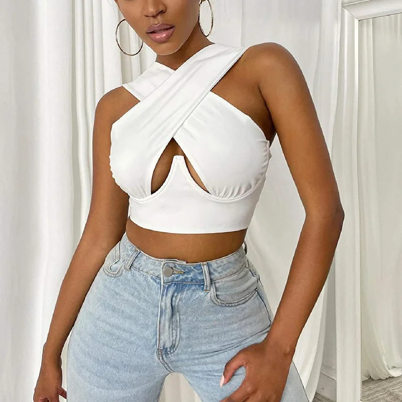 Off-Shoulder Slim Cross Hollow Solid Color Crop Tops Wholesale Women'S Tops