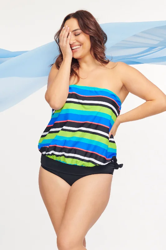 Plus Size Draped Blouson Tankini Top in Bold Stripe