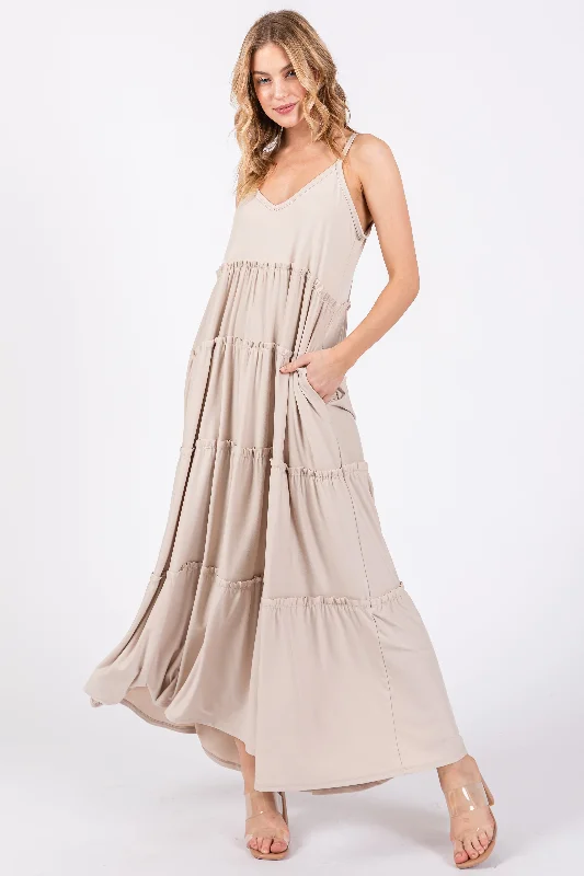 Beige Tiered Sleeveless Maxi Dress