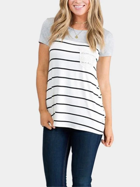 OEM ODM Round Neck Stripe Lace Short Sleeve Grey T-Shirts