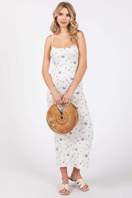 White Ultra Soft Knit Floral Sleeveless Midi Dress