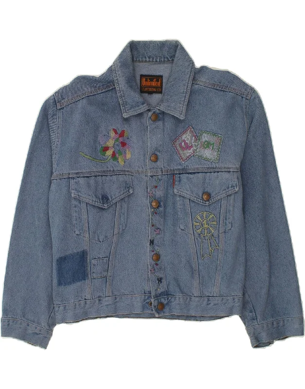 VINTAGE Womens Graphic Denim Jacket UK 10 Small Blue