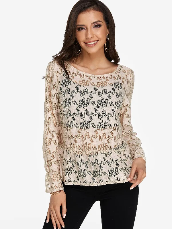 Custom Round Neck Star Lace Long Sleeve Beige T-Shirts