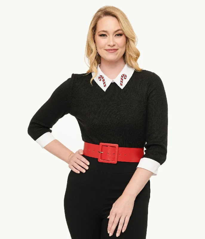 Unique Vintage Black & White Candy Cane Print Contrast Sabrina Sweater