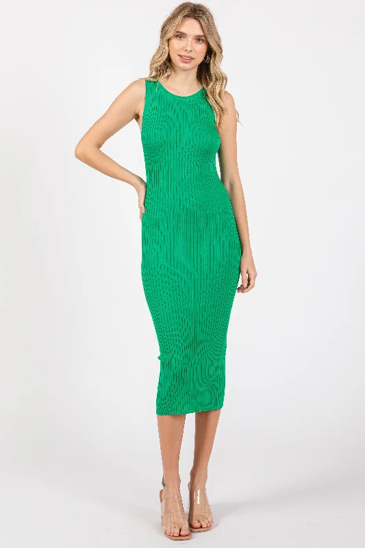 Green Sleeveless Ribbed Midi Dress