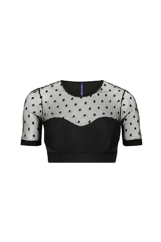 Black Mesh Polkadot Mesh Short Sleeve Crop Top