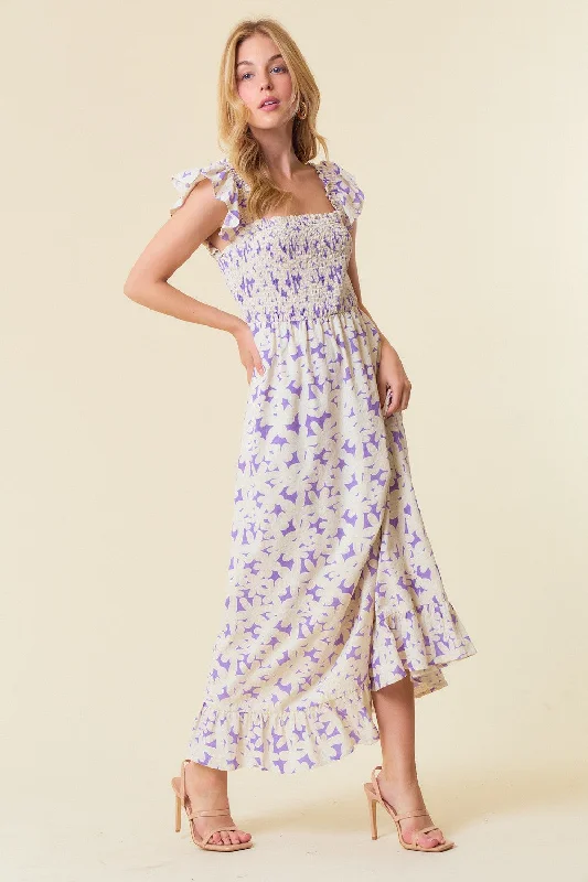 Lavender Floral Print Smocked Ruffle Sleeve Maxi Dress