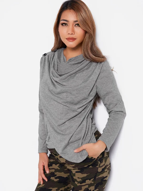 OEM ODM Drape Sagging Plain Crossed Front Hooded Long Sleeve Irregular Hem Grey Top