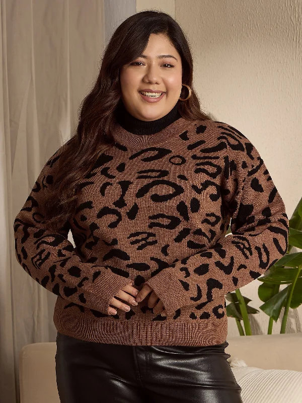 Berrylush Curve Women Brown & Black Animal Printed Round Neck Acrylic Ribbed Hem Regular Pullover