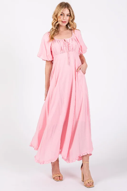 Pink Front Tie Puff Sleeve Maxi Dress