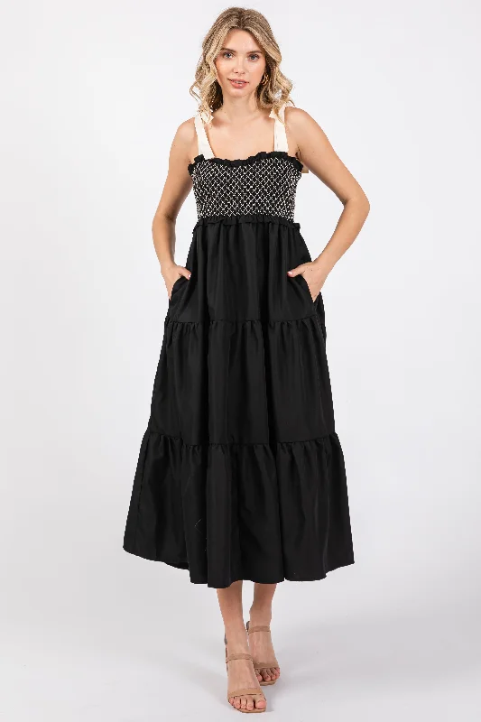 Black Sleeveless Tiered Colorblock Strap Maxi Dress