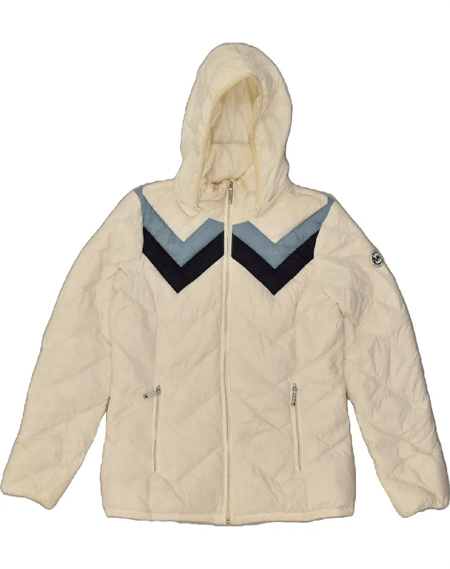 MICHAEL KORS Womens Hooded Padded Jacket UK 14 Medium White Colourblock